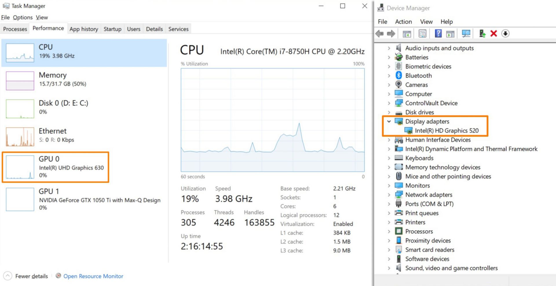 タスクマネージャーとデバイスマネージャーに表示されたGPU