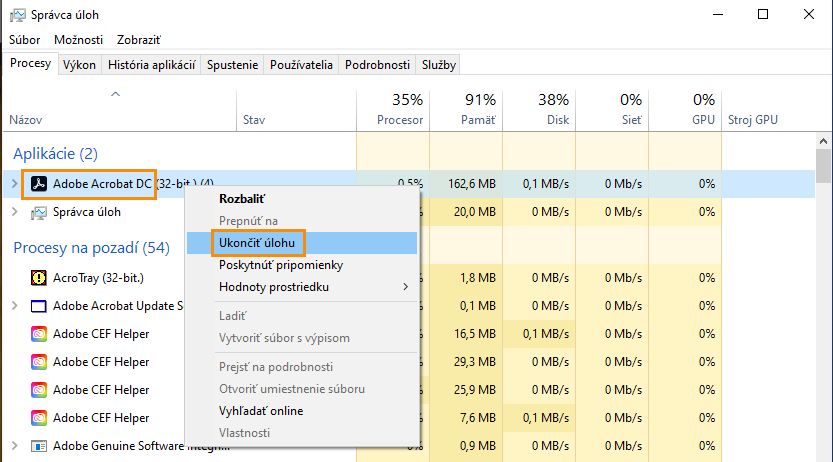 Pravým tlačidlom myši kliknite na aplikáciu Acrobat a vyberte možnosť Ukončiť úlohu