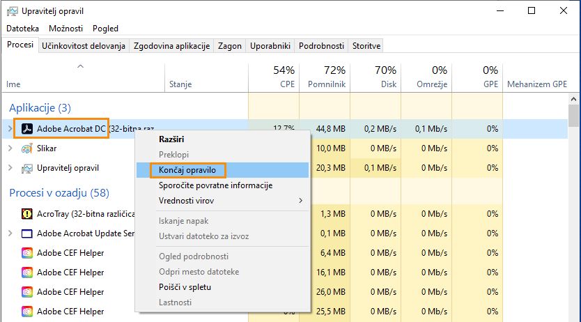 Z desno tipko kliknite Acrobat in izberite Končaj opravilo, da ga ustavite