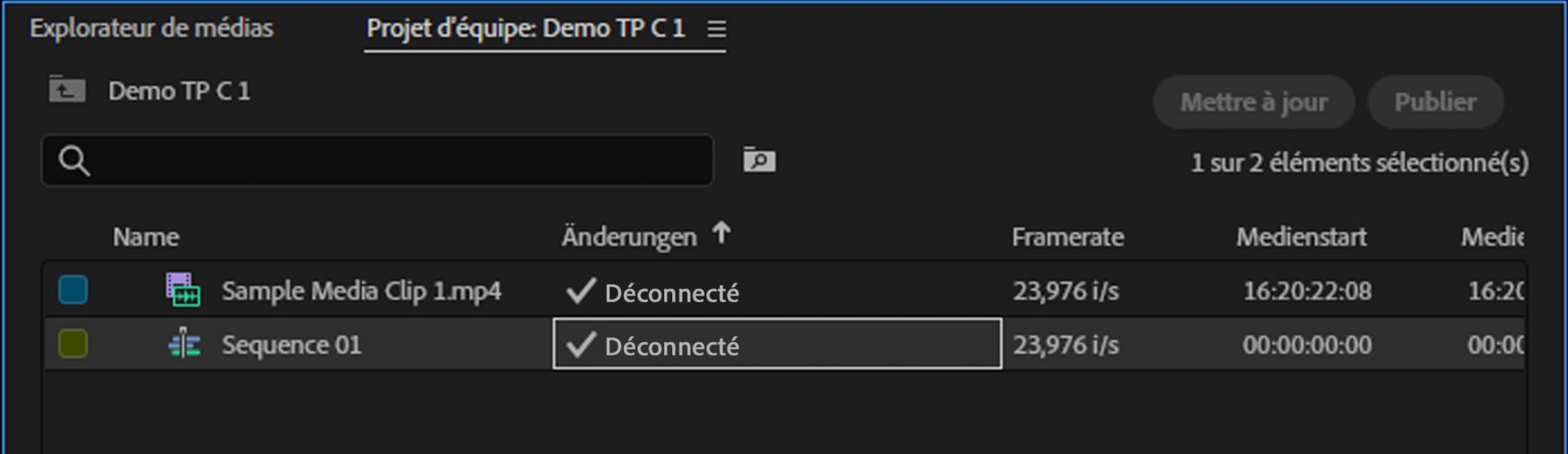 Le statut de la ressource de la séquence apparaît comme « Déconnecté » dans le montage.
