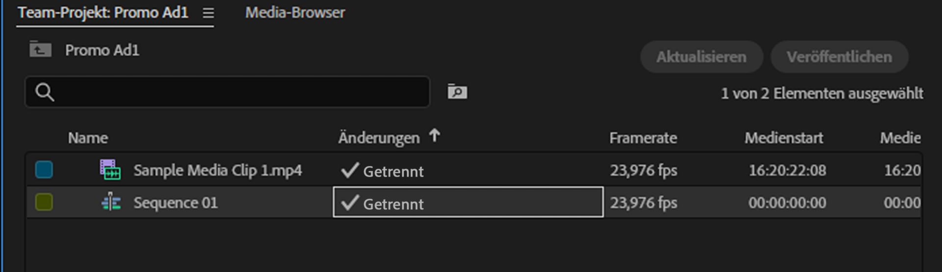 Der Status des Sequenzelements wird im Schnittfenster als „Nicht verbunden“ angezeigt