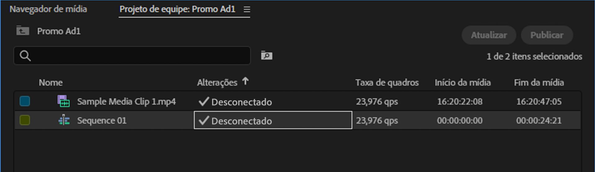 O status do ativo da sequência aparece como “Desconectado” na linha do tempo