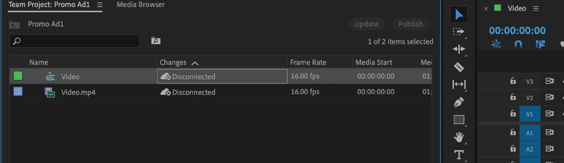 The sequence asset status appears as 'Disconnected' in the timeline