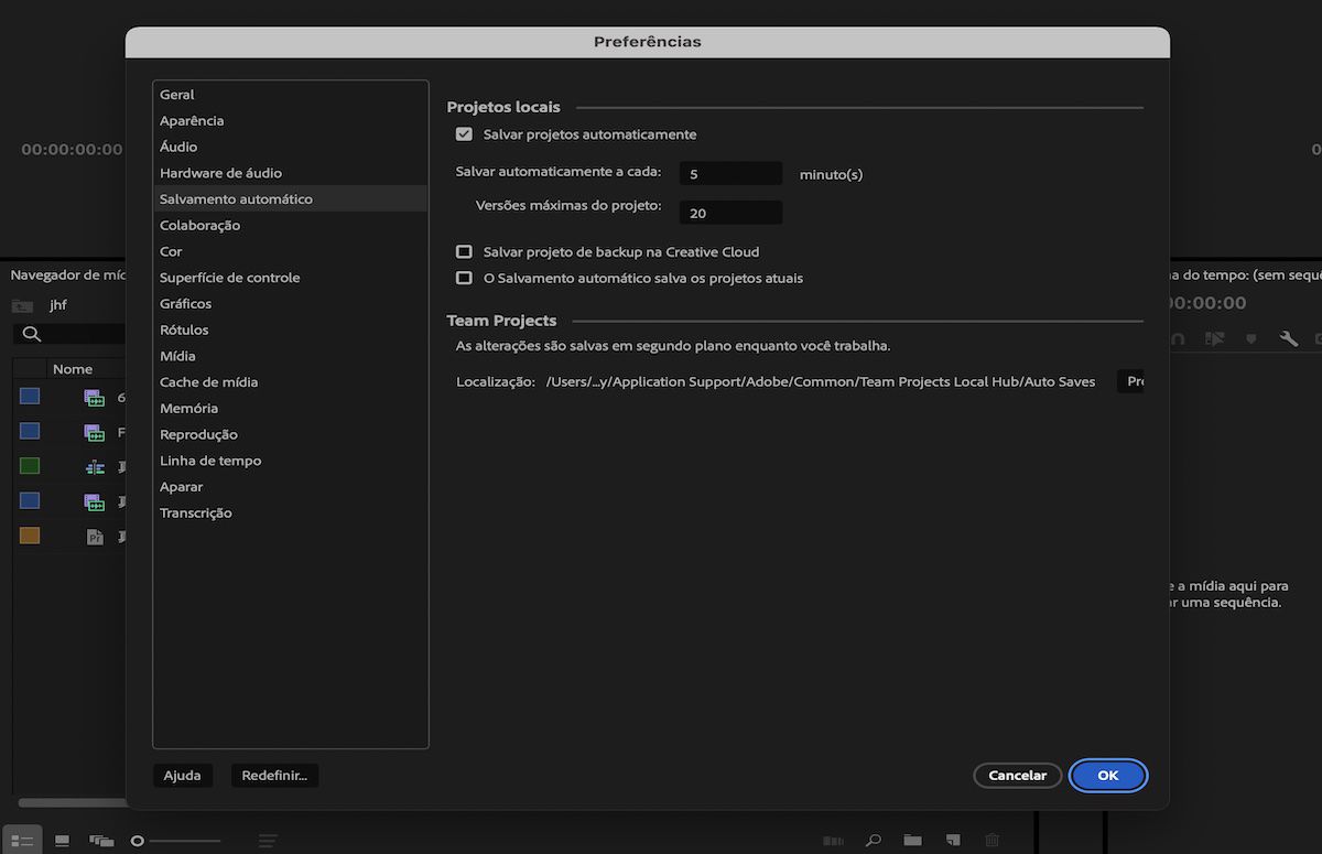 Uma captura de tela que mostra a opção de especificar um local no sistema para o cache de salvamento automático do Projeto de equipe.
