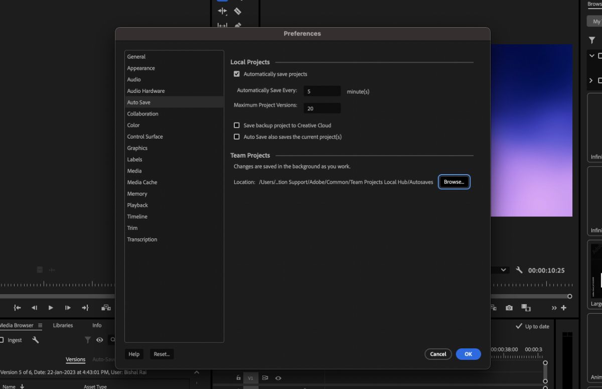 A screenshot that shows the option to specify a location on the system for Team Project Auto Save cache.