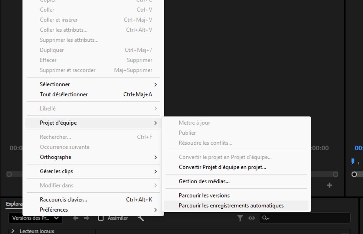 Copie d’écran montrant le menu Modifier avec la possibilité d’afficher et de parcourir les versions enregistrées automatiquement.