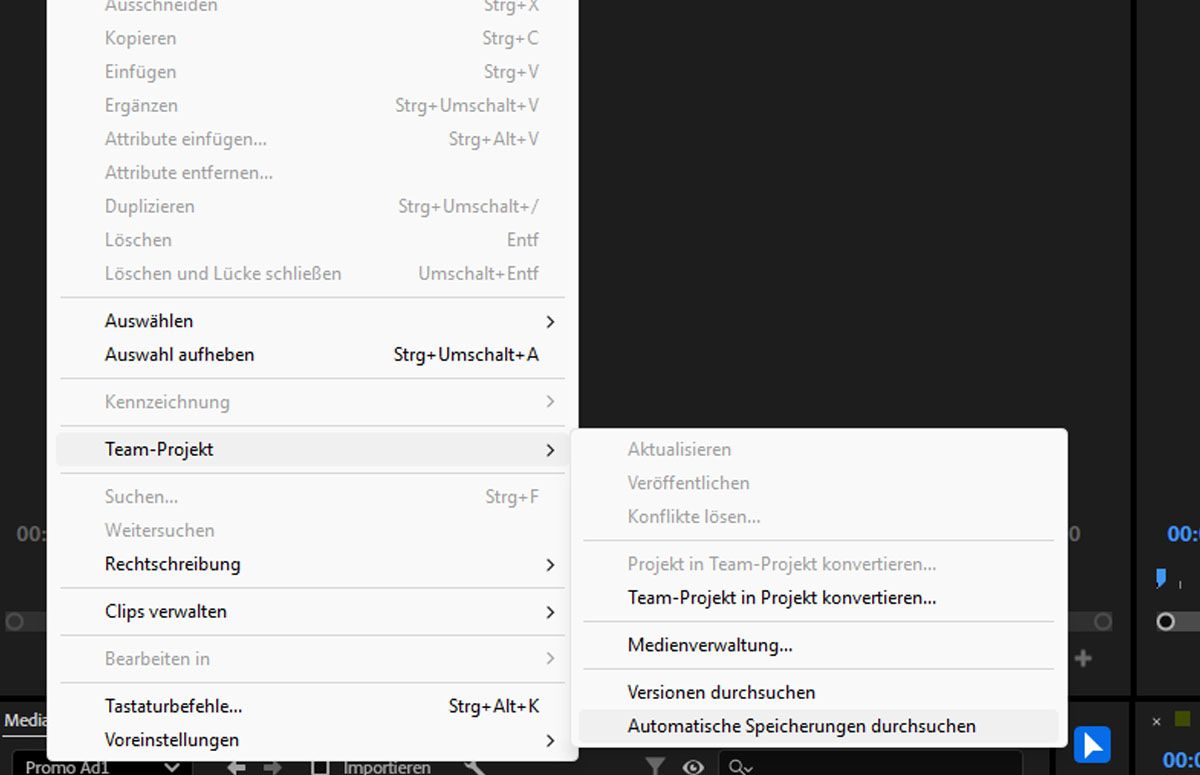 Ein Screenshot, der das Menü „Bearbeiten“ mit der Option zum Anzeigen und Durchsuchen automatisch gespeicherter Versionen zeigt.