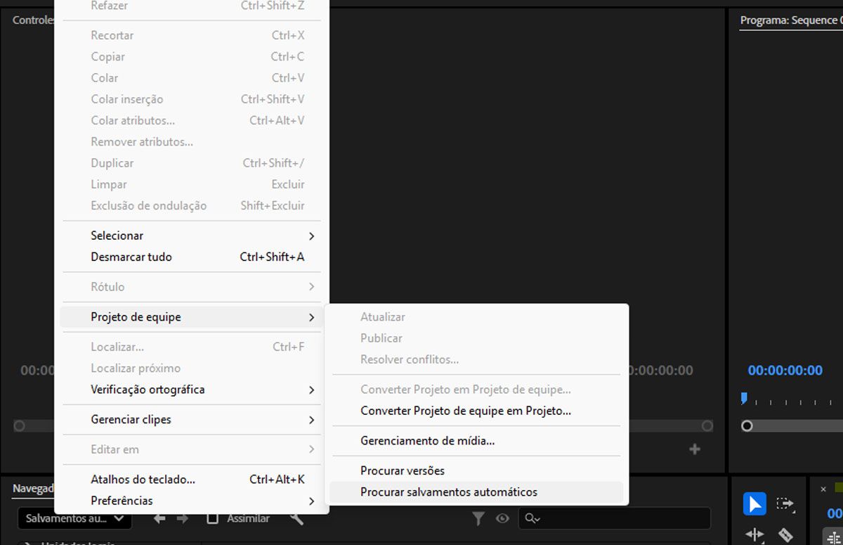 Uma captura de tela que mostra o menu Editar com a opção de visualizar e navegar pelas versões salvas automaticamente.