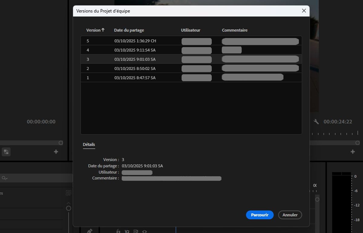 Copie d’écran montrant l’option Versions du Projet d’équipe dans le panneau Explorateur de médias.