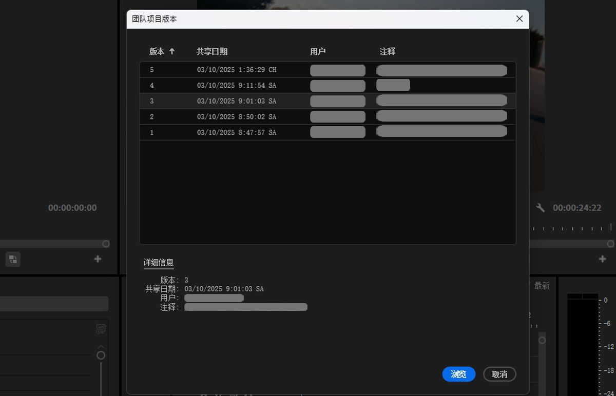“团队项目版本”对话框列出了可供选择的团队项目版本，并可查看其详细信息。