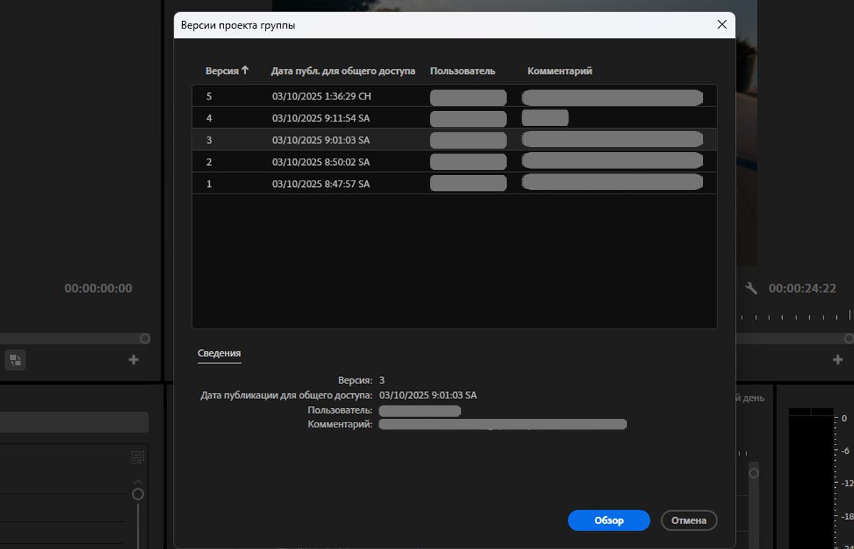 В диалоговом окне «Версии проекта группы» представлен список версий проекта группы, из которых можно выбрать нужную и просмотреть подробную информацию.