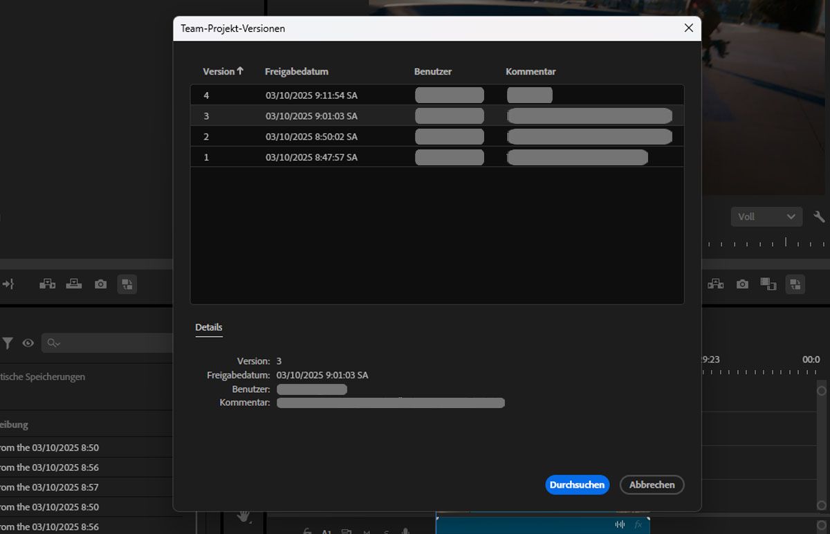 Ein Screenshot, der die Option „Team-Projekt-Versionen“ im Bedienfeld „Media-Browser“ zeigt.