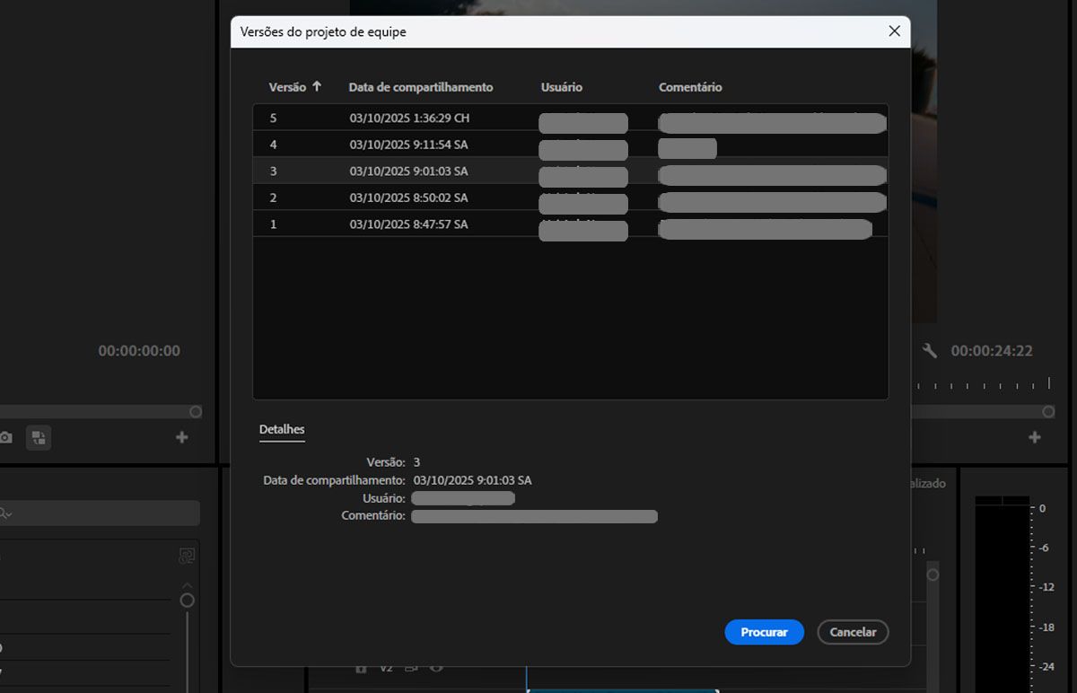 Uma captura de tela que mostra a opção Versões do projeto de equipe no painel Navegador de mídia.