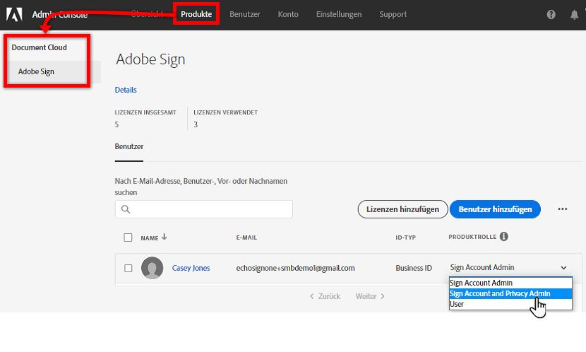 Navigiere zum Acrobat Sign-Produkt und bearbeite die benutzende Person.