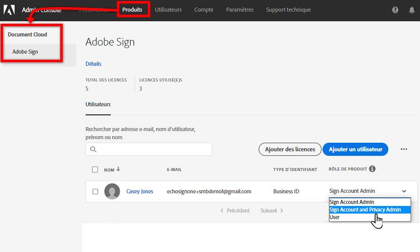 Accès au produit Acrobat Sign et modification de l’utilisateur
