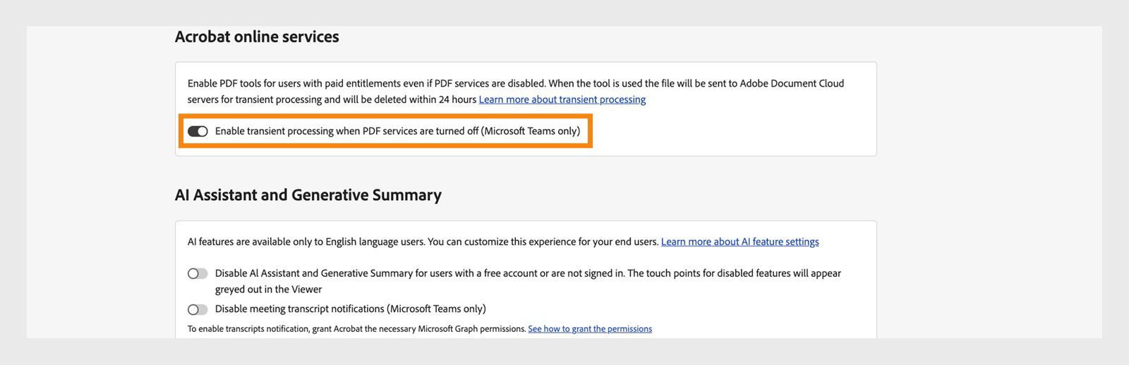 Nagpapakita ang Acrobat Integration settings admin portal page ng integration mga integration setting, kung saan naka-highlight ang "Enable transient processing when PDF services are turned off" setting.
