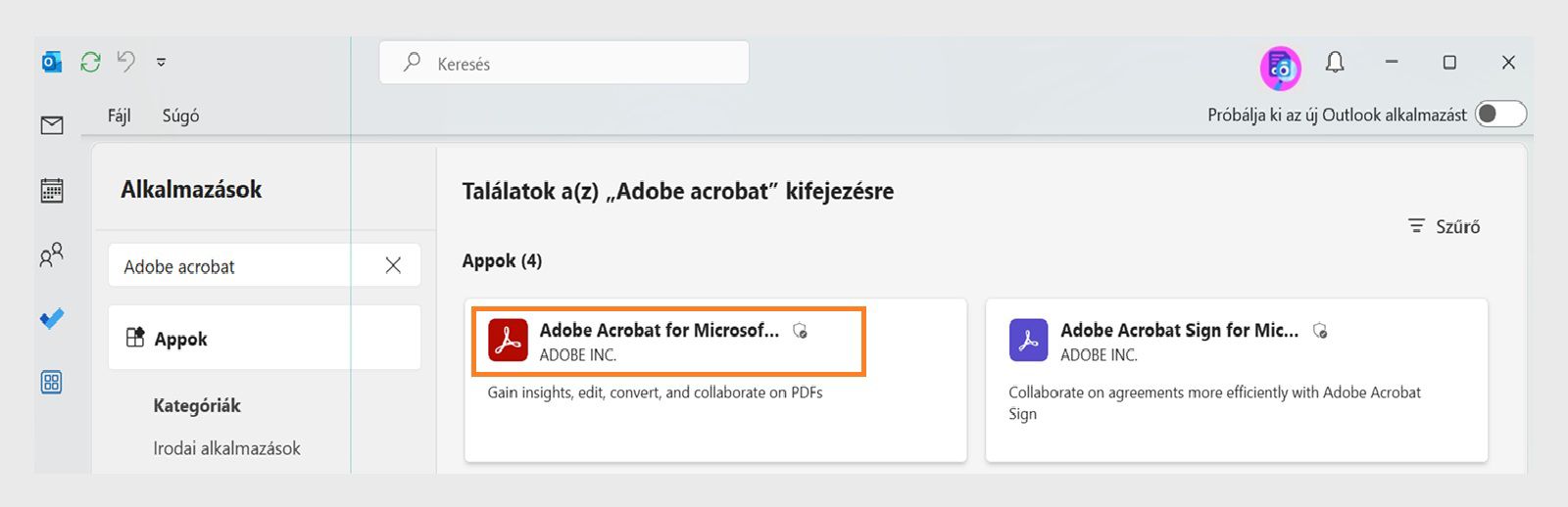 A Microsoft Outlook alkalmazásban az Adobe-alkalmazások keresési eredményei láthatók, az Adobe Acrobat alkalmazás van kijelölve.