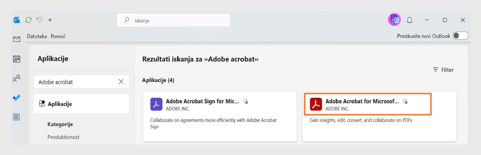 Microsoft Outlook prikaže rezultate iskanja programov Acrobat, pri čemer je označen seznam programov Adobe Acrobat.