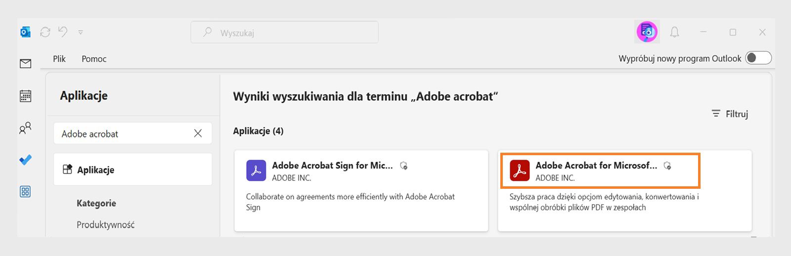 Microsoft Oulook wyświetla wyniki wyszukiwania aplikacji Acrobat, w których podświetlona jest lista aplikacji Adobe Acrobat.