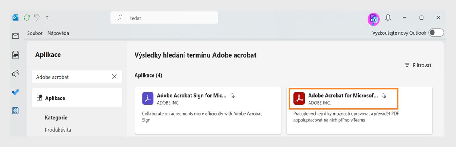 Microsoft Outlook zobrazuje výsledky vyhledávání aplikací Acrobat, kde je zvýrazněna položka aplikace Adobe Acrobat.