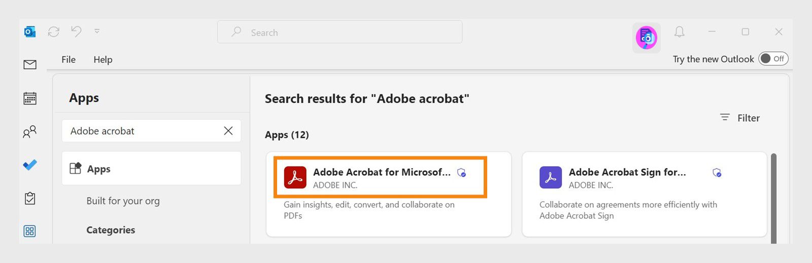 Nagpapakita ang Microsoft Outlook ng mga search result para sa mga Acrobat app kung saan naka-highlight ang Adobe Acrobat app listing.