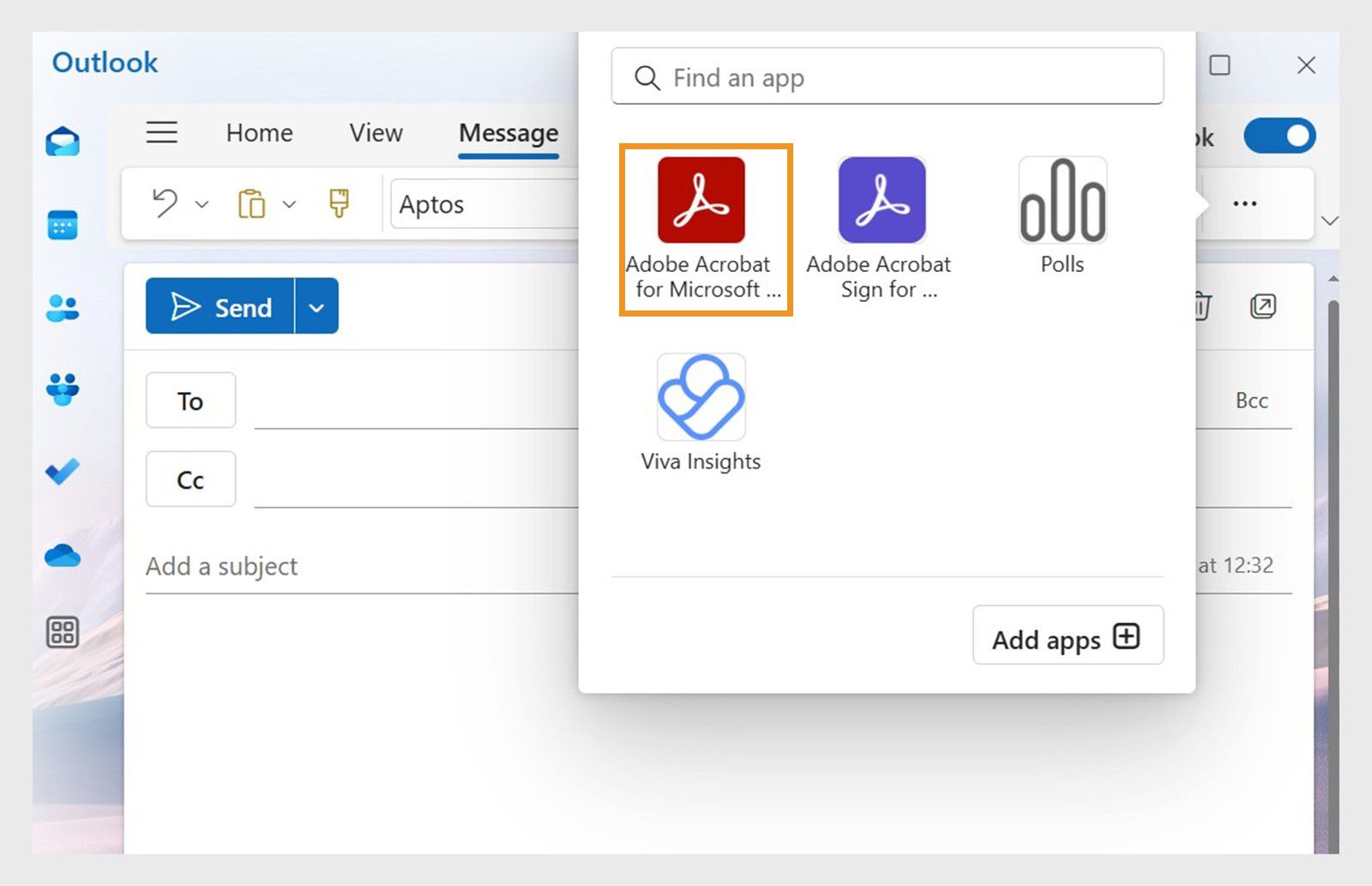 תיבת הדו-שיח של יישום Outlook מציגה את היישומים הזמינים כאשר רשימת Adobe Acrobat for Microsoft Teams and Outlook מסומנת.