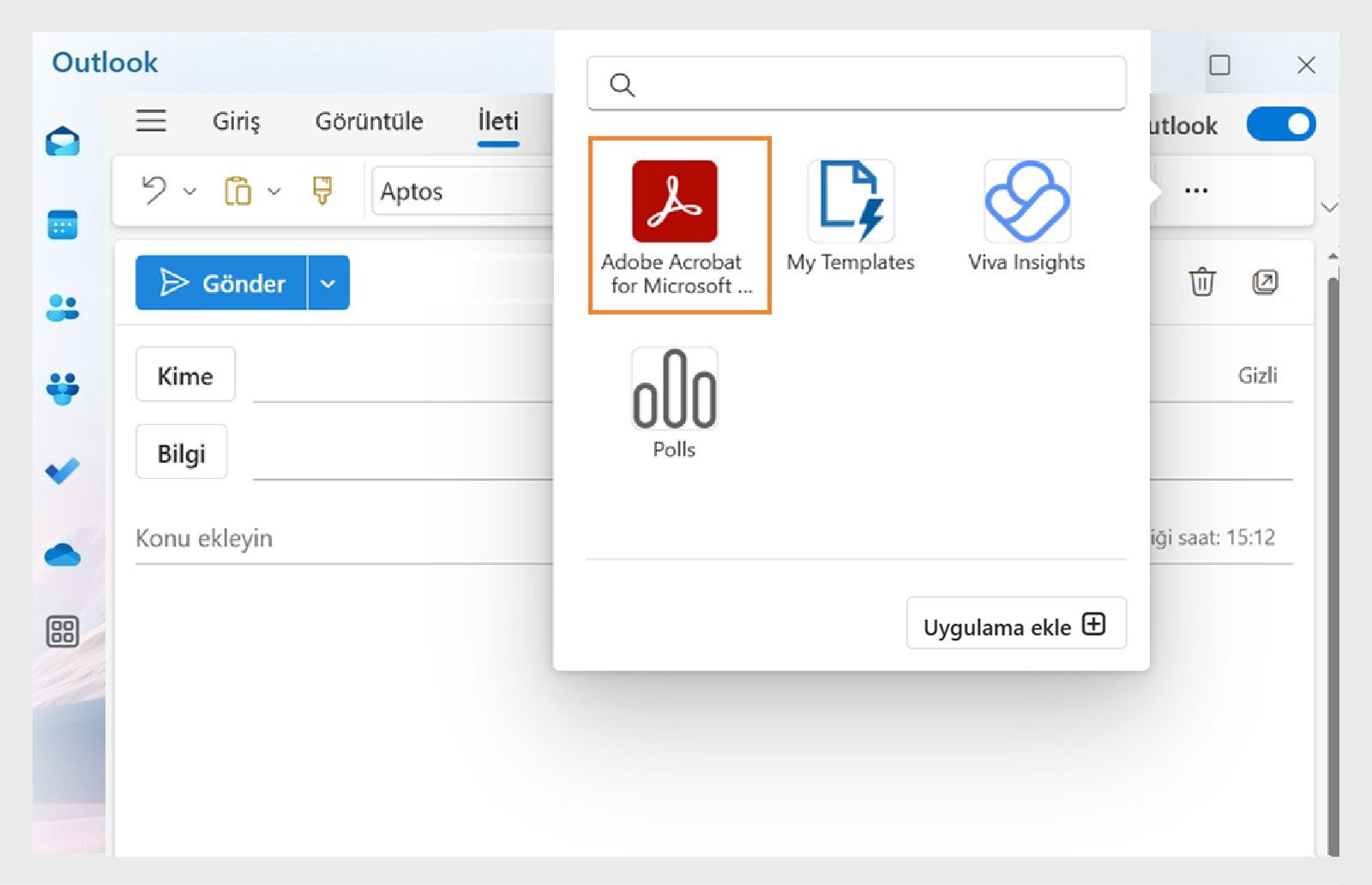 Outlook Uygulamaları iletişim kutusunda 'Microsoft Teams ve Outlook için Adobe Acrobat' listelerinin vurgulandığı uygulamalar gösterilir.