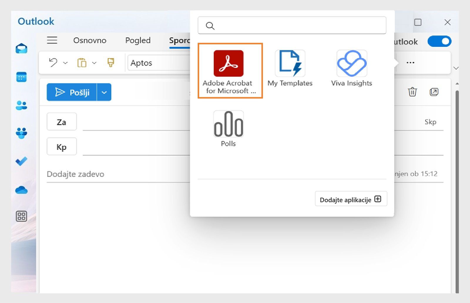 V pogovornem oknu »Programi Outlook« so prikazani razpoložljivi programi, pri čemer je označena možnost »Adobe Acrobat za Microsoft Teams in Outlook«.