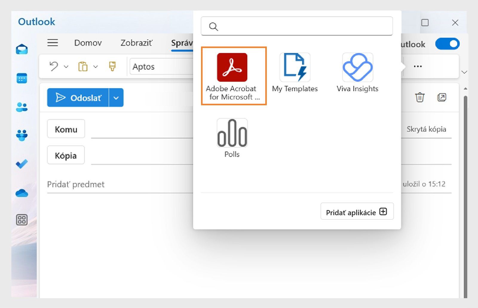 V dialógovom okne Aplikácie Outlook sa zobrazujú dostupné aplikácie, v ktorých je zvýraznená položka „Adobe Acrobat pre Microsoft Teams a Outlook“.