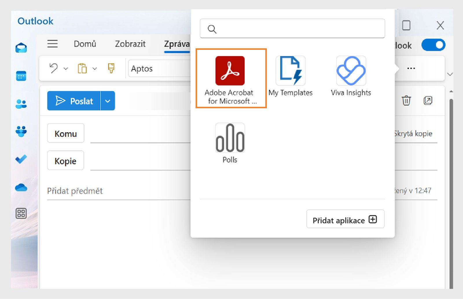 V dialogovém okně Aplikace Outlook se zobrazí dostupné aplikace, ve kterých je zvýrazněna položka „Adobe Acrobat pro Microsoft Teams a Outlook“.