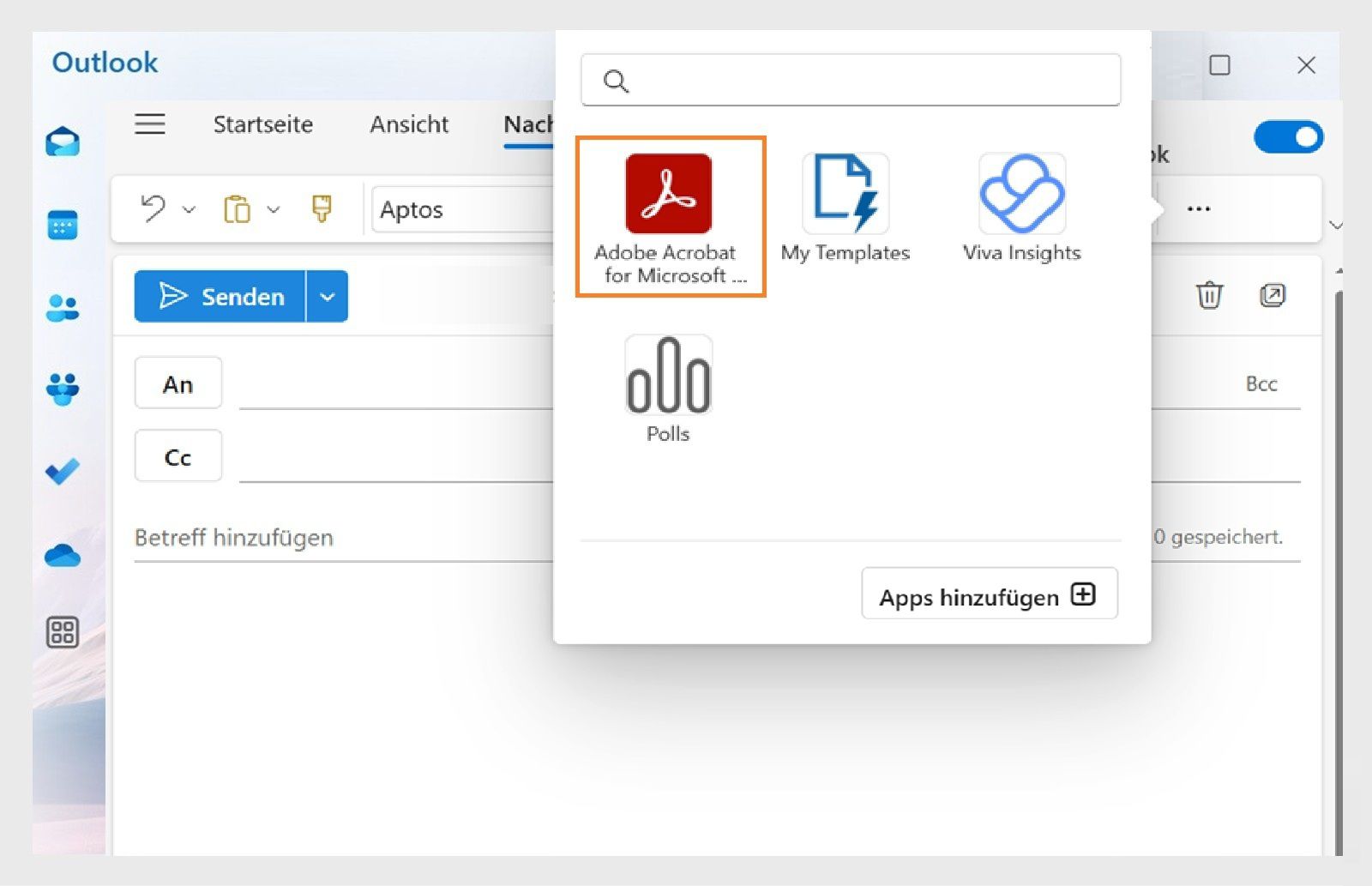 Im Dialogfeld „Outlook-Apps“ werden die verfügbaren Apps angezeigt, wobei der Eintrag „Adobe Acrobat für Microsoft Teams und Outlook“ hervorgehoben ist.