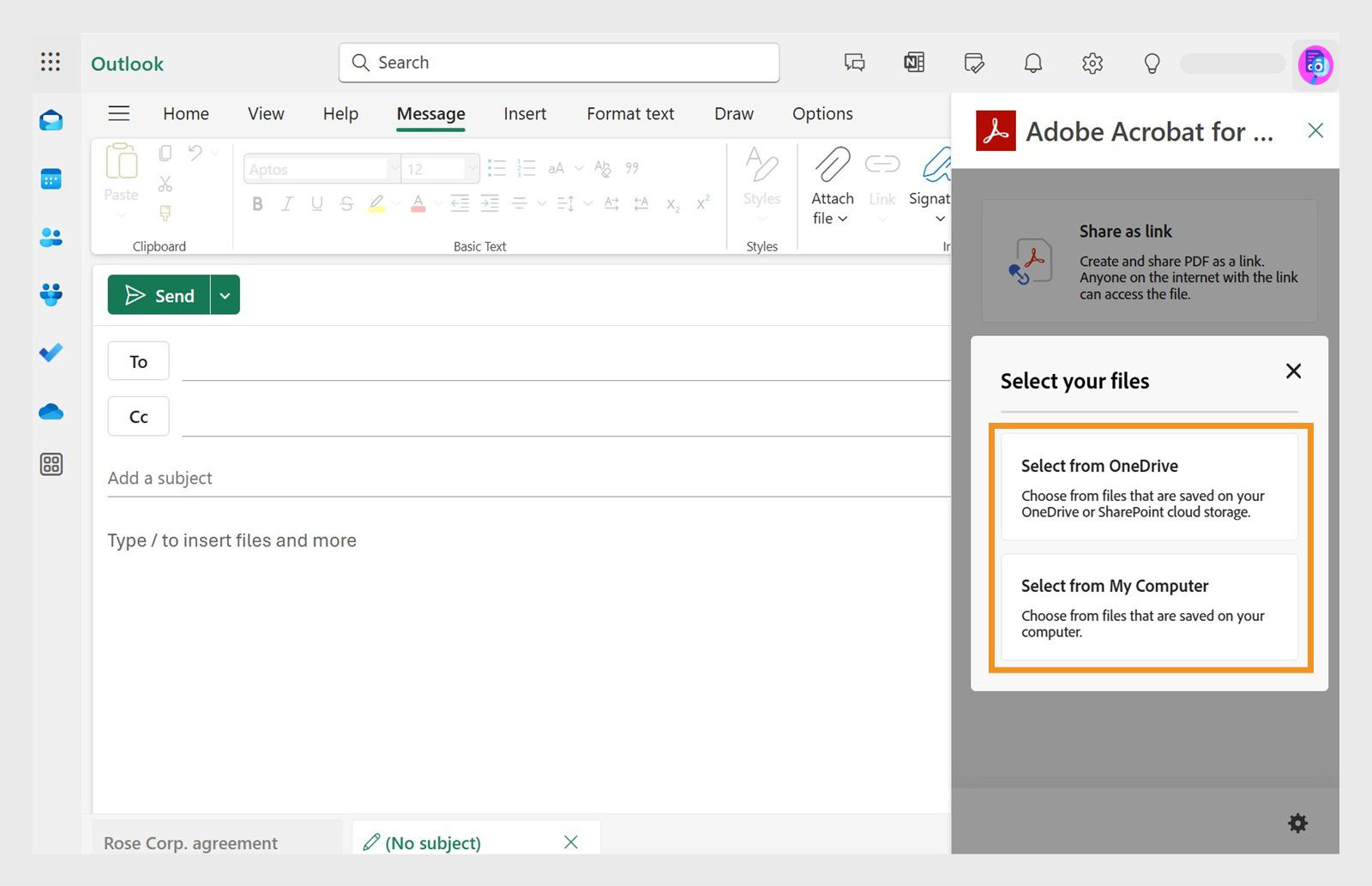 Adobe Acrobat アプリパネルには、PDF ファイルをリンクとして添付するオプションが表示されます。 ファイルを選択するためのオプションがハイライト表示されます。