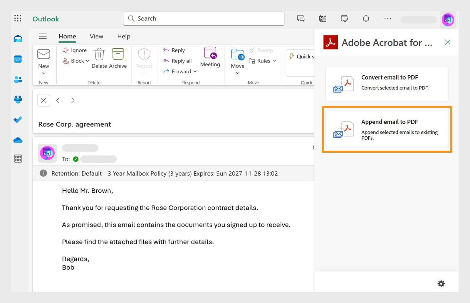 На панелі Acrobat для Microsoft Teams і Outlook відображаються опції перетворення електронних листів у PDF-файли, а також опція «Додати електронний лист до PDF-файлу», яку виділено.