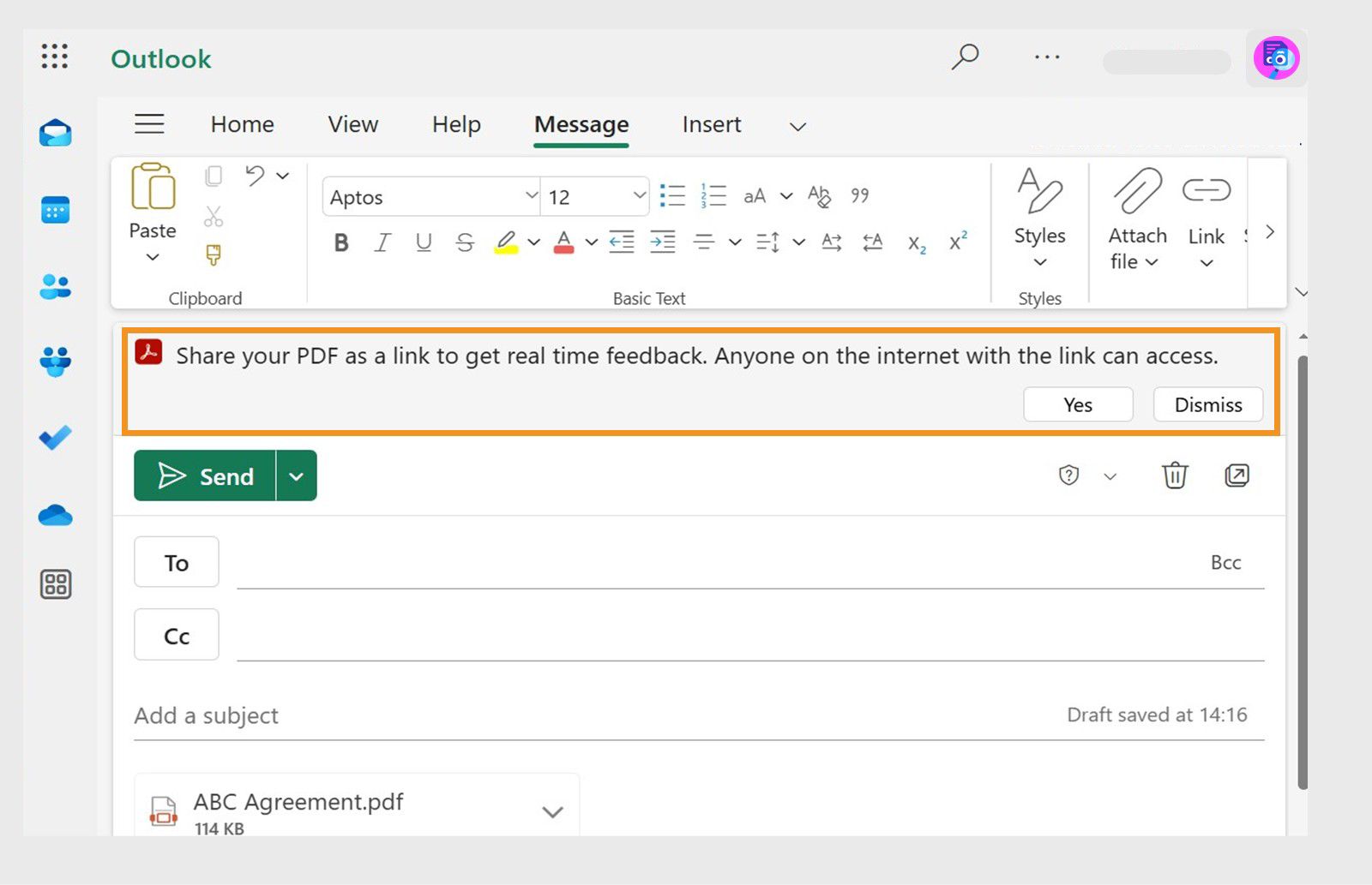 具有附加 PDF 的 Outlook 電子郵件草稿顯示訊息，提示使用者以連結形式共用 PDF。