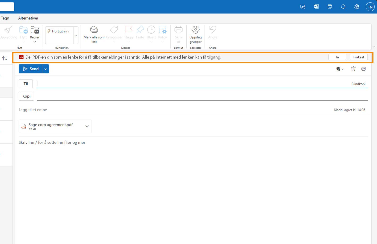 Outlook e-postutkast med vedlagt PDF viser en melding som ber brukerne om å dele PDF-filen som en kobling.