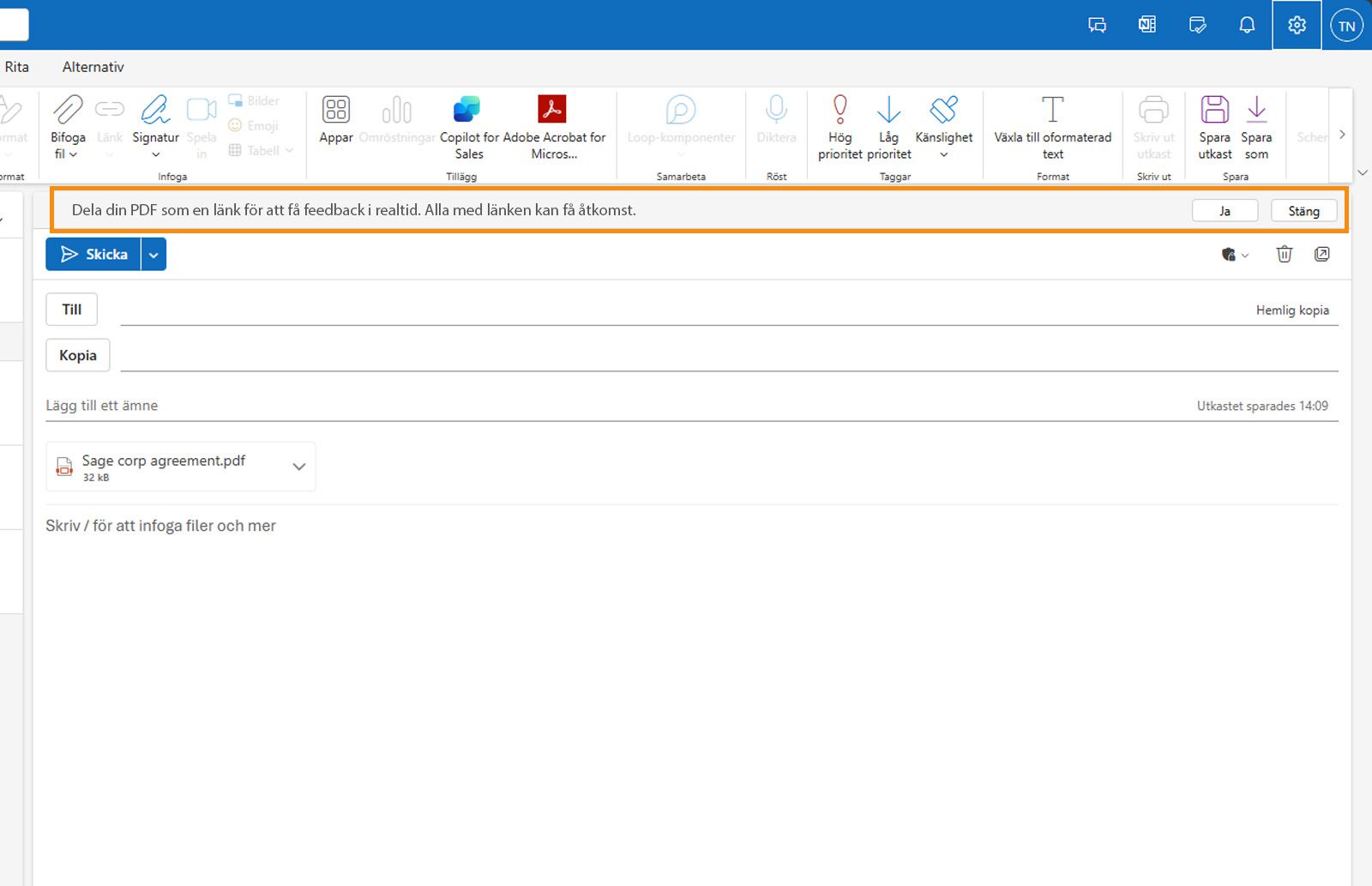 E-postutkast i Outlook med bifogad PDF-fil visar ett meddelande som uppmanar användare att dela PDF:en som en länk.