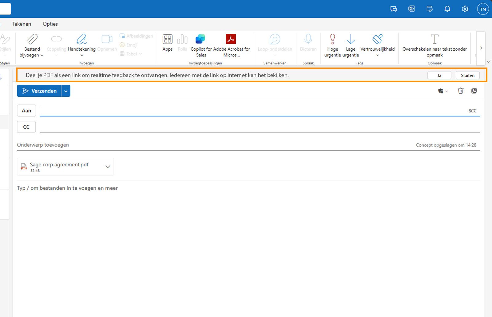 In een Outlook-e-mailconcept met bijgevoegde PDF wordt een bericht weergegeven waarin gebruikers worden gevraagd de PDF als koppeling te delen.