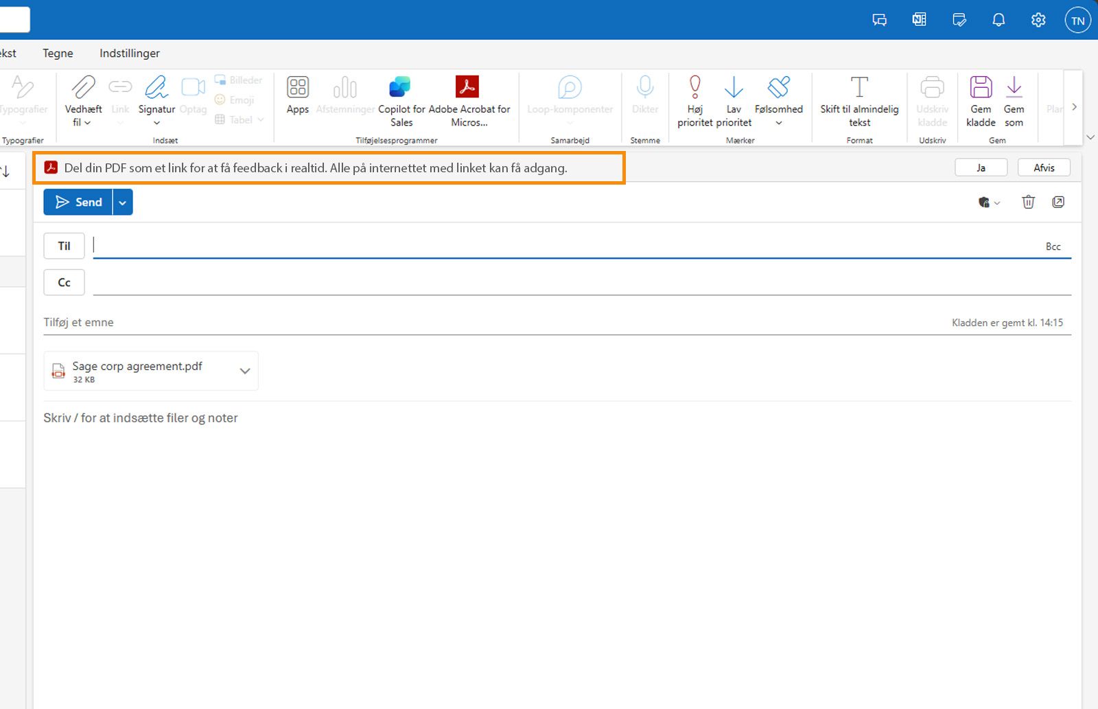 Outlook-mailkladde med vedhæftet PDF viser en meddelelse, der beder brugerne om at dele PDF'en som et link.