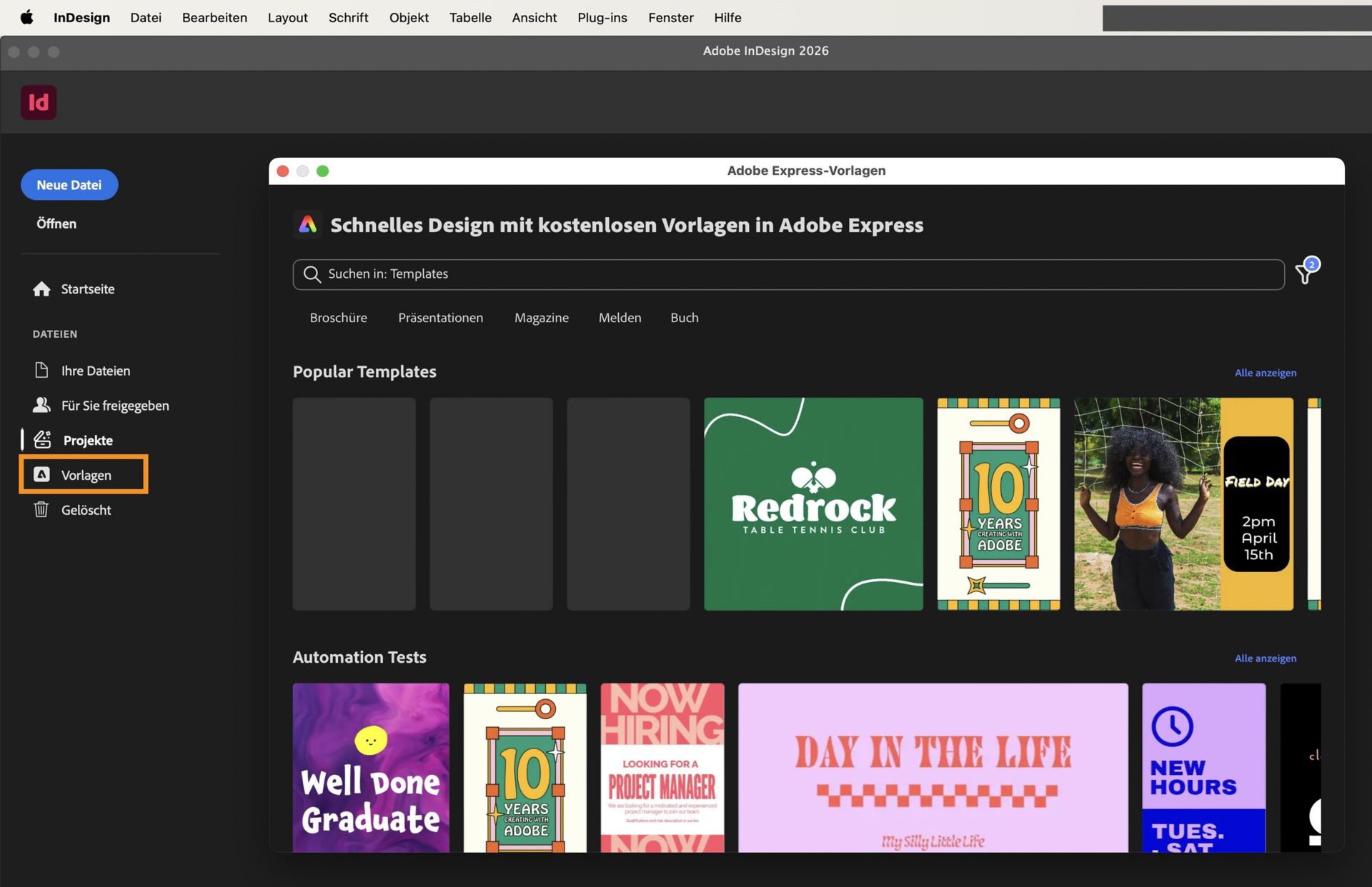 InDesign-Startbildschirm zeigt die verfügbaren Vorlagen im Adobe Express-Vorlagendialog