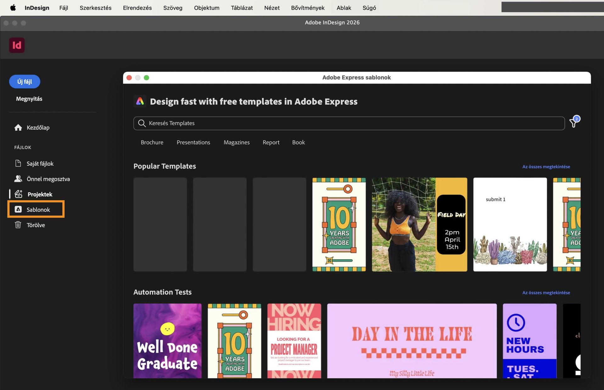 Az InDesign kezdőképernyő az Adobe Express sablon párbeszédpanelen elérhető sablonokat mutatja