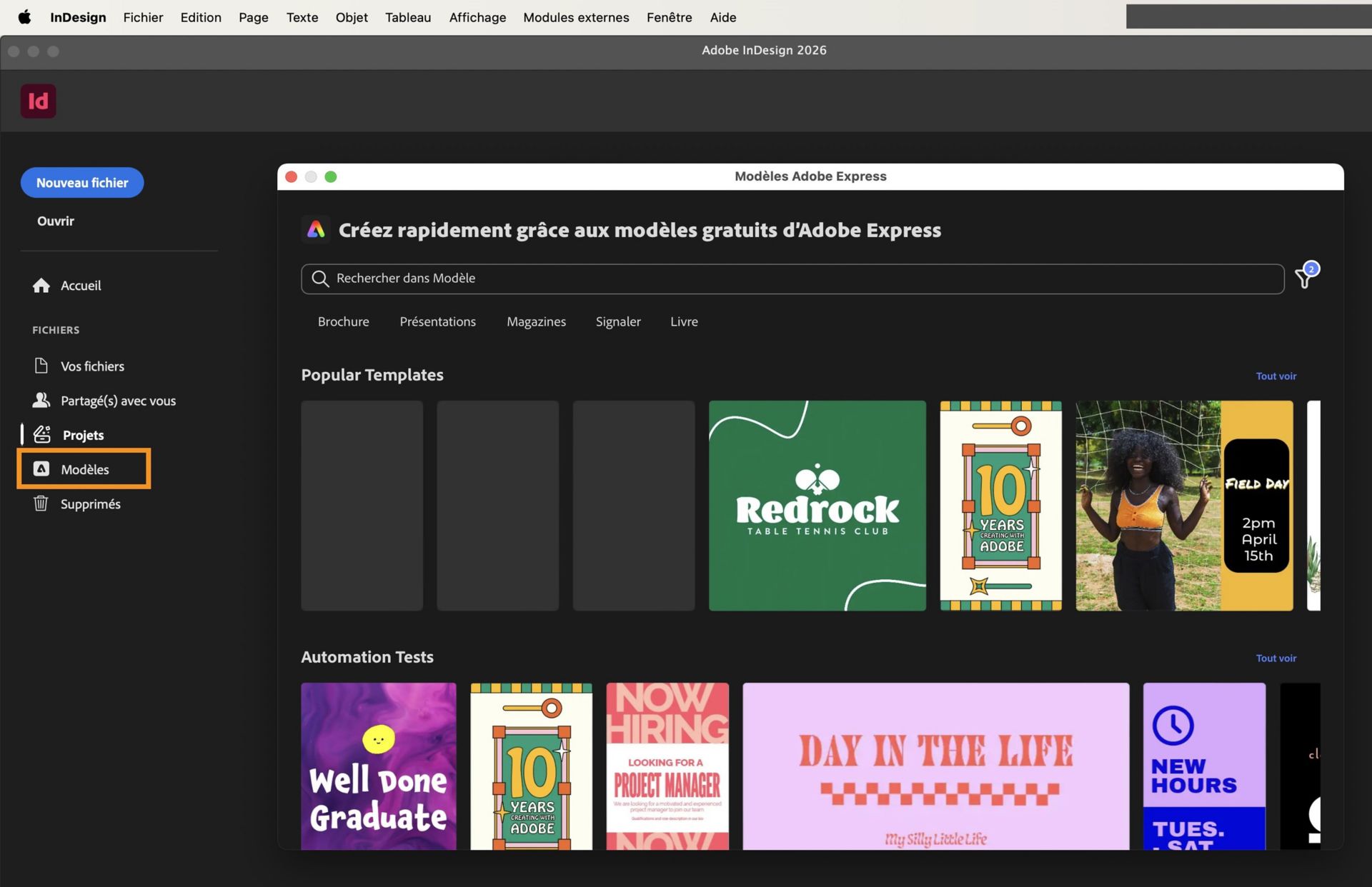 Écran d’accueil d’InDesign affichant les modèles disponibles dans la boîte de dialogue Modèle Adobe Express