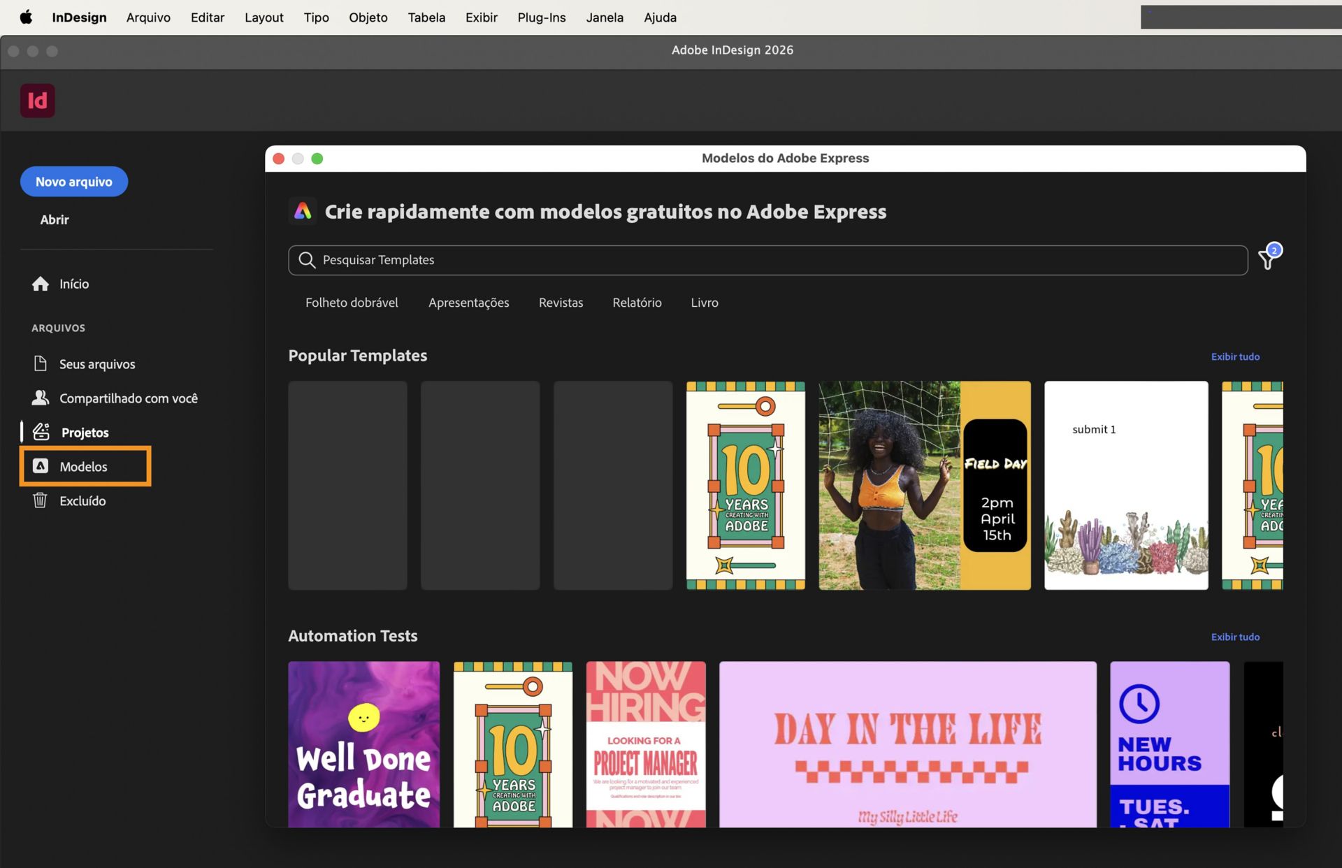 A tela inicial do InDesign mostrando os Modelos disponíveis na caixa de diálogo de modelos do Adobe Express