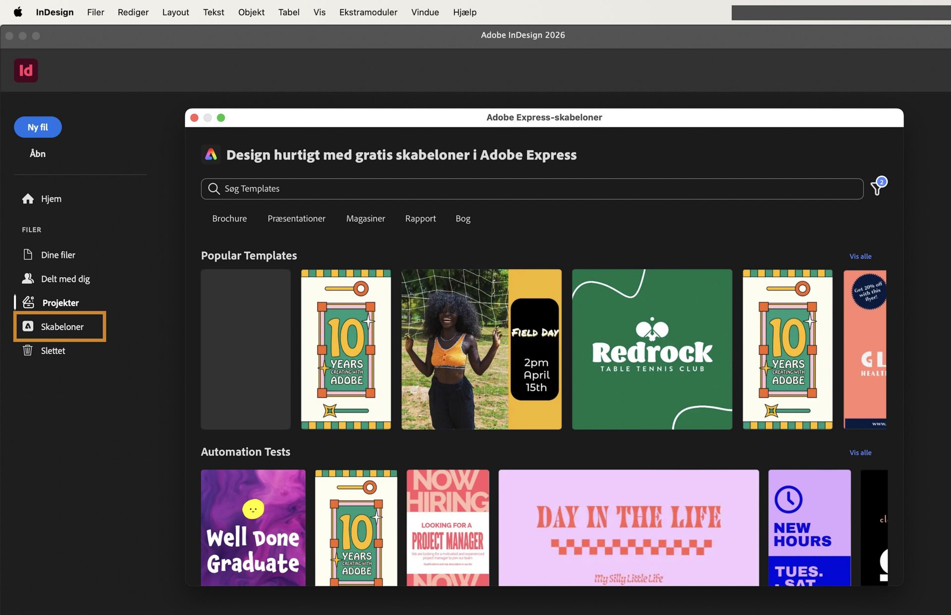 InDesign-startskærm, der viser de tilgængelige skabeloner i dialogboksen Adobe Express-skabeloner