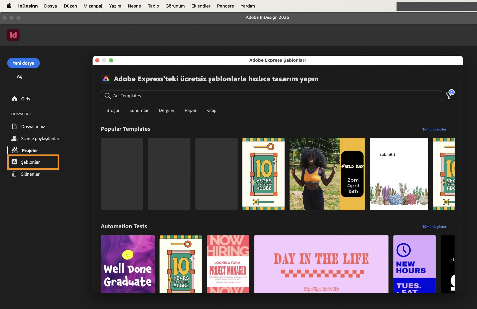 Adobe Express Şablon iletişim kutusunda bulunan Şablonların gösterildiği InDesign ana ekranı