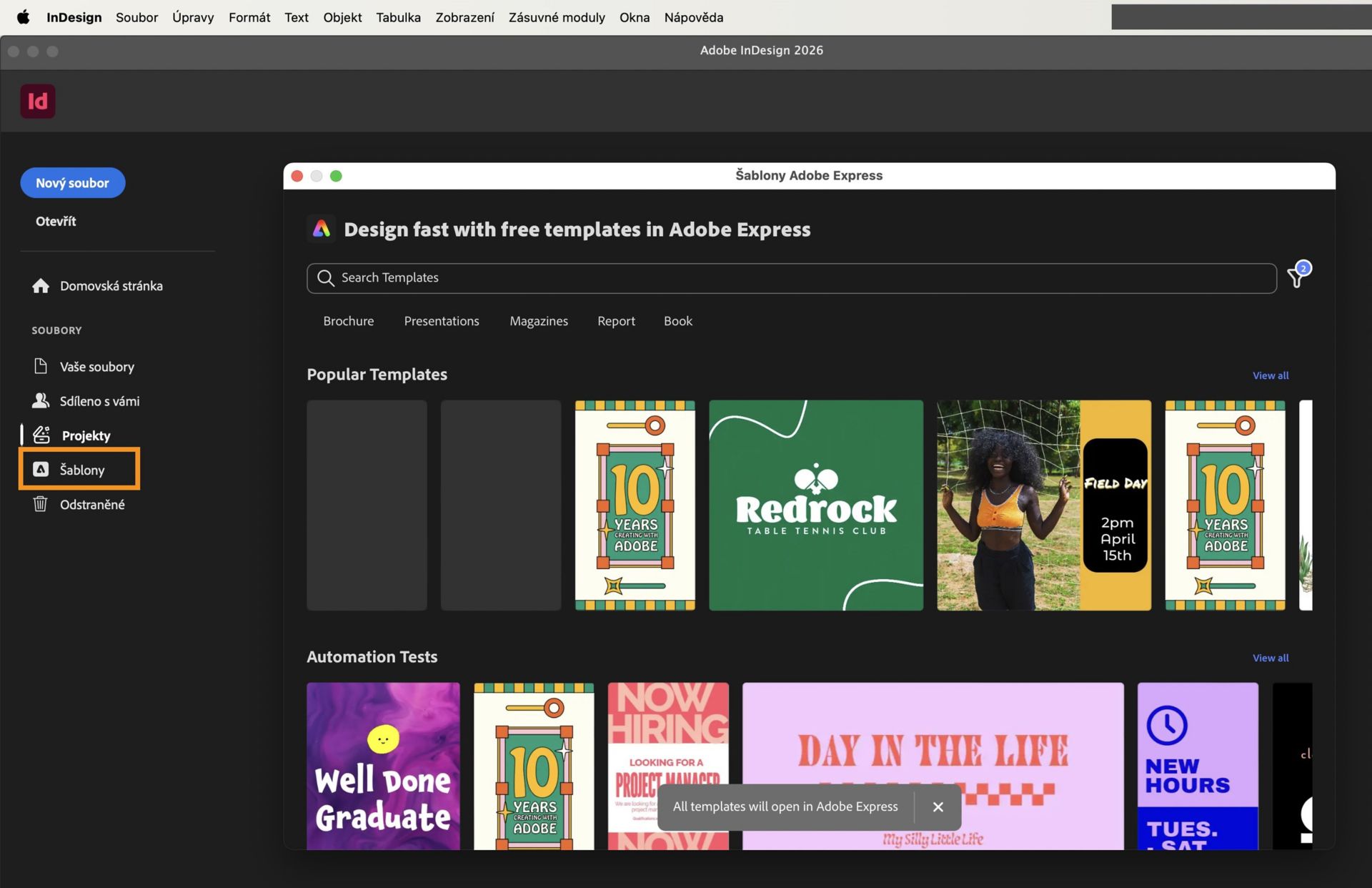 Úvodní obrazovka InDesign zobrazující šablony dostupné v dialogovém okně šablon adobe express