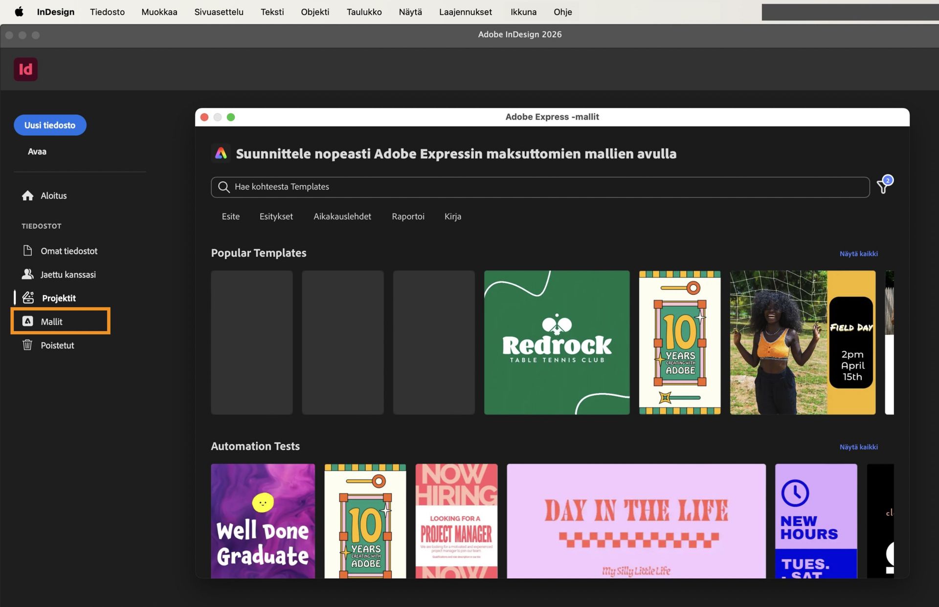 InDesignin aloitusnäyttö, jossa näkyy Adobe Express -mallit -valintaikkuna