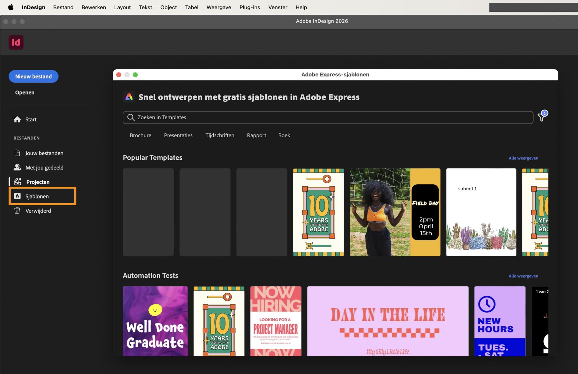 InDesign-startscherm met de beschikbare sjablonen in het Adobe Express-sjablonenvenster