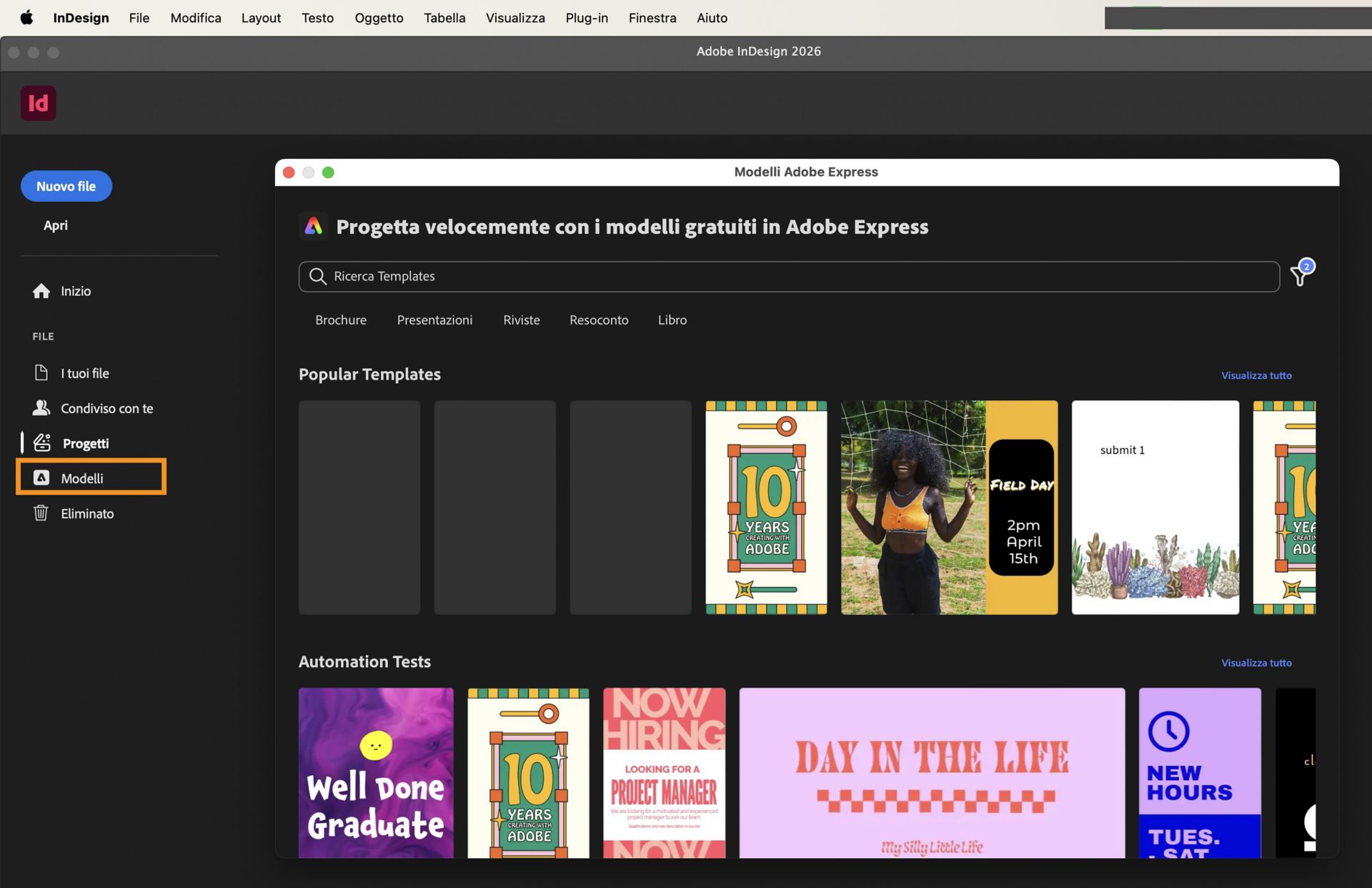 Schermata iniziale di InDesign che mostra i Modelli disponibili nella finestra di dialogo Modello di Adobe Express