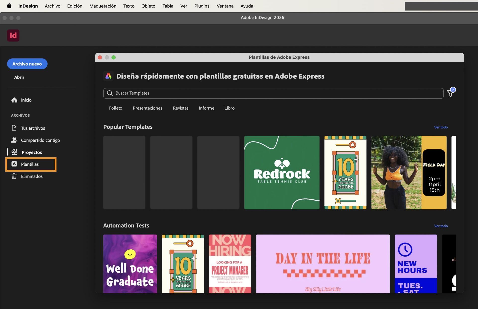 Pantalla de inicio de InDesign que muestra las plantillas disponibles en el cuadro de diálogo Plantillas de Adobe Express