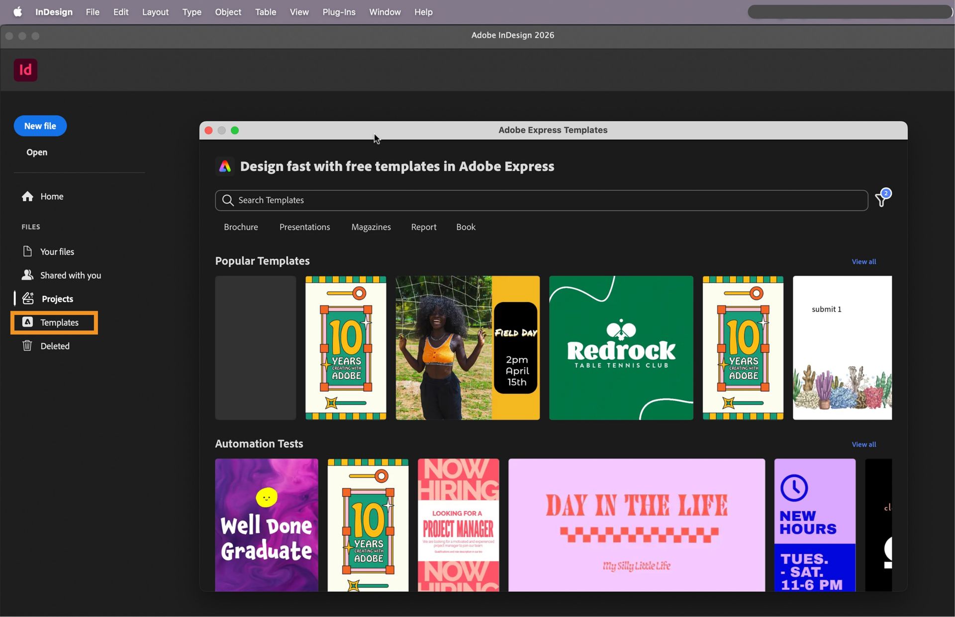 الشاشة الرئيسية لـ InDesign تعرض القوالب المتاحة في مربع حوار قوالب Adobe Express
